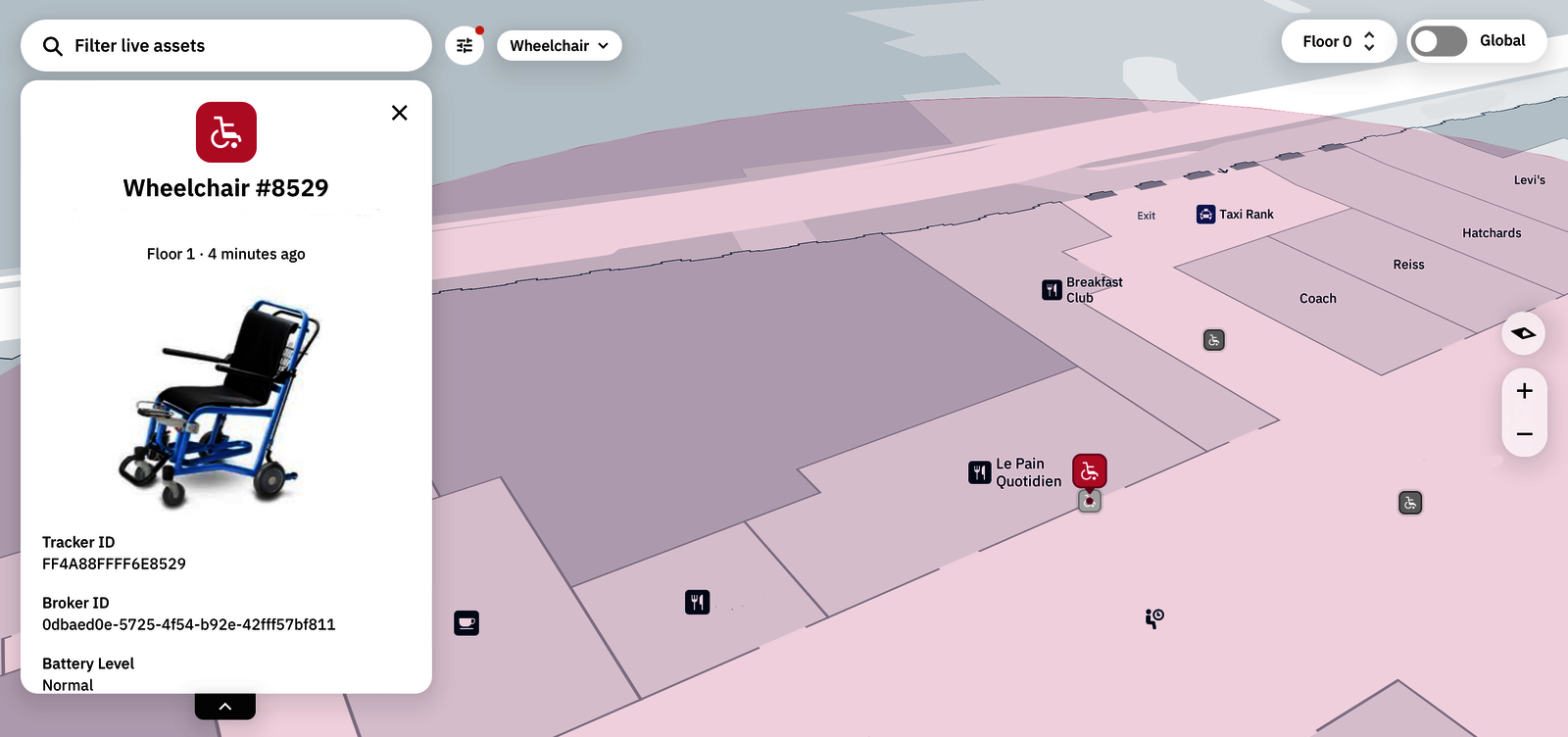 Living Map tracking wheelchairs in a retail space 