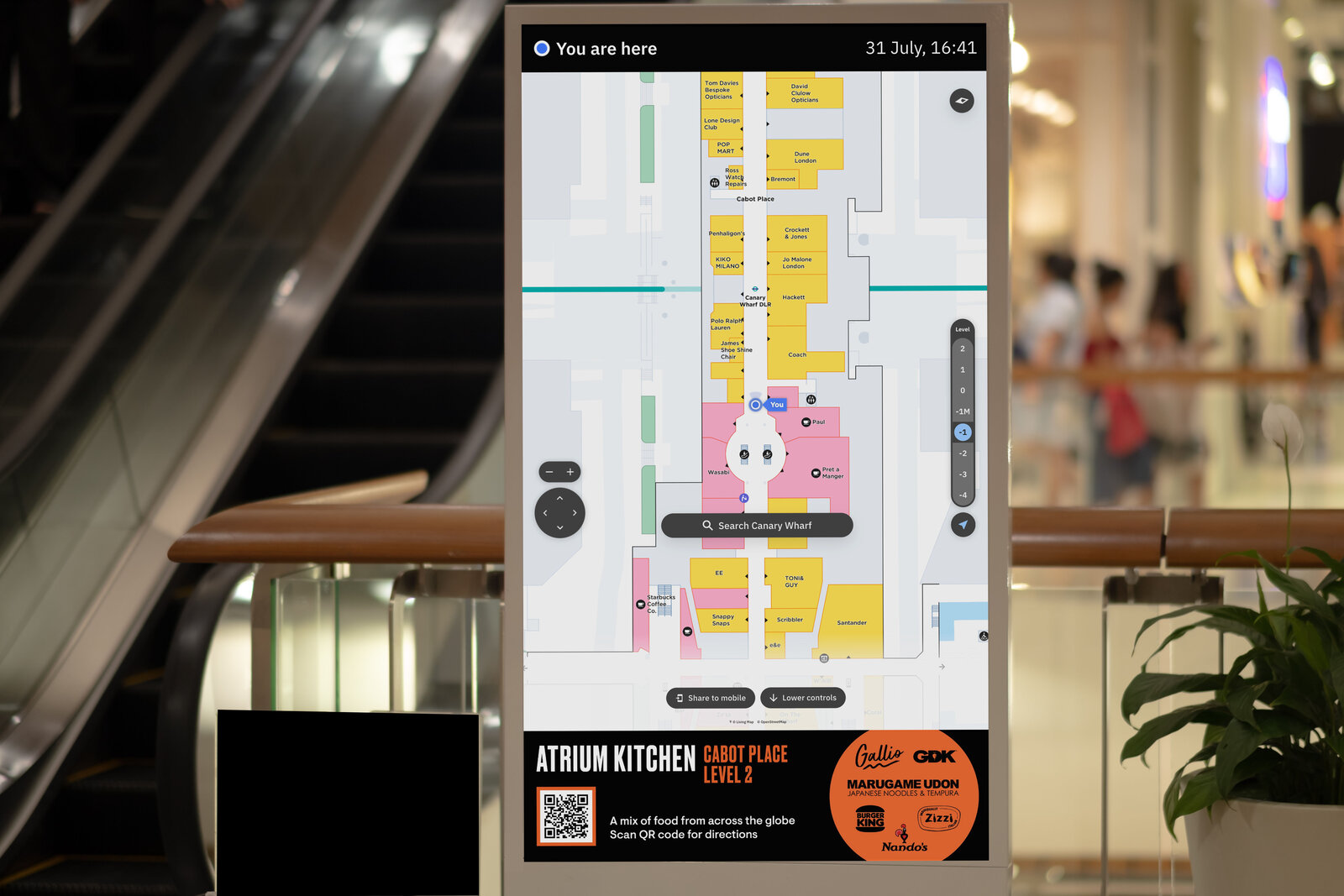 Living Map's digital mapping software on kiosk in a shopping centre 