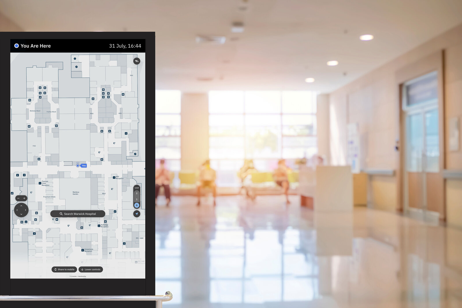 Living Map's hospital mapping system on an interactive kiosk